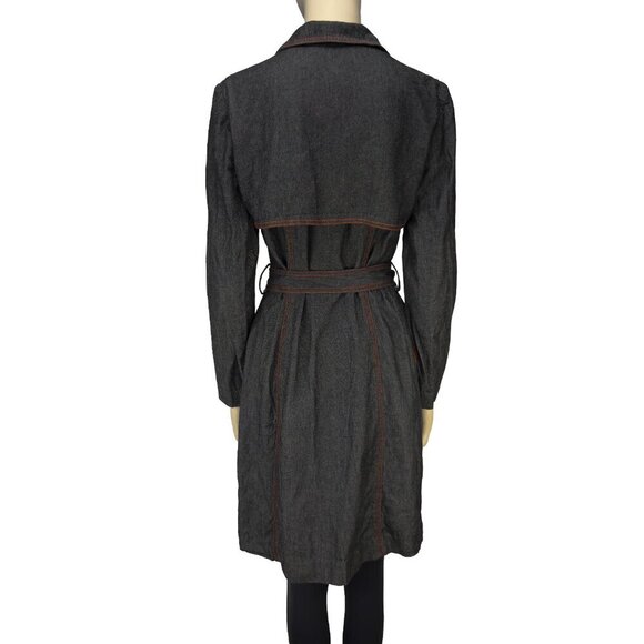 HOLT RENFREW Vtg Y2K Long Denim Gray Jeans Jacket button-down Tie Waist sz 2 - Picture 2 of 16